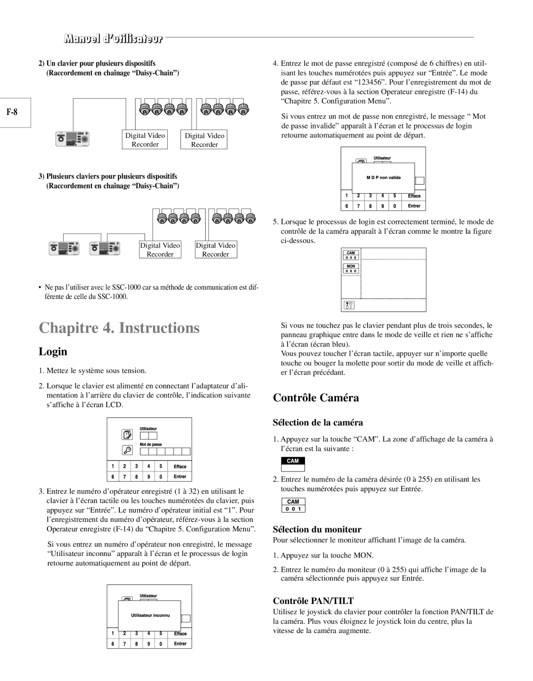 Samsung SCC-100BP, SCC-101BP manual Chapitre 4. Instructions, Login, Contrôle Caméra 