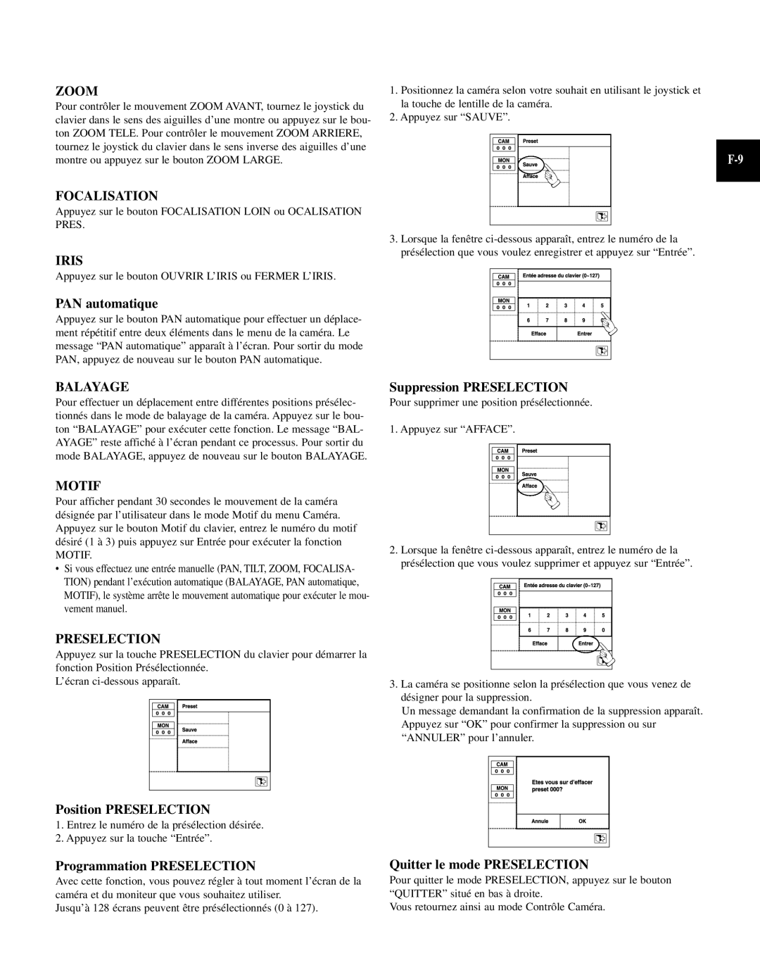 Samsung SCC-101BP, SCC-100BP manual Zoom, Focalisation, Iris, Balayage, Motif, Preselection 