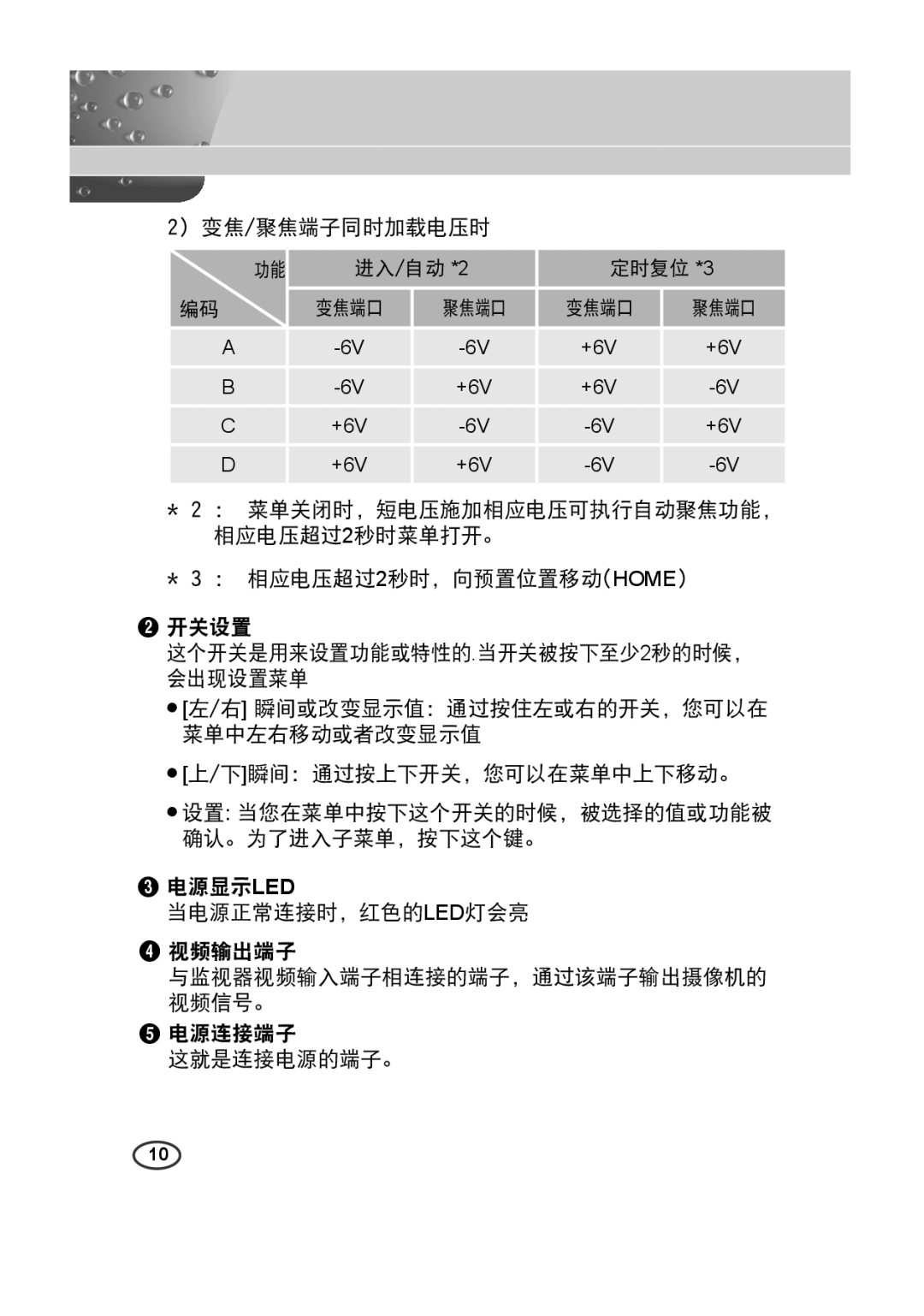 Samsung SCC-4233(P) manual 变焦 /聚焦端子同时加载电压时 进入 /自动 *2 定时复位 *3, 菜单关闭时，短电压施加相应电压可执行自动聚焦功能，  