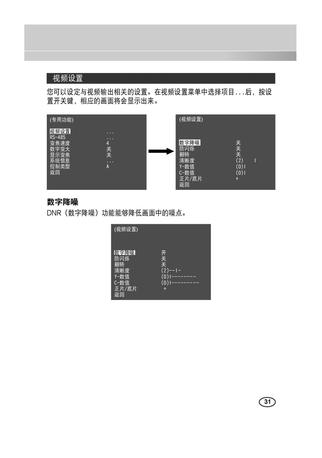 Samsung SCC-4233(P) manual 视频设置, Dnr（数字降噪）功能能够降低画面中的噪点。 