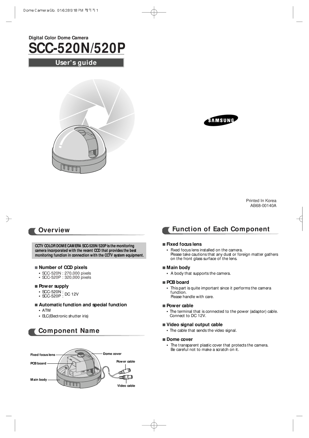 Samsung SCC-520P manual Overview, Component Name, Function of Each Component 