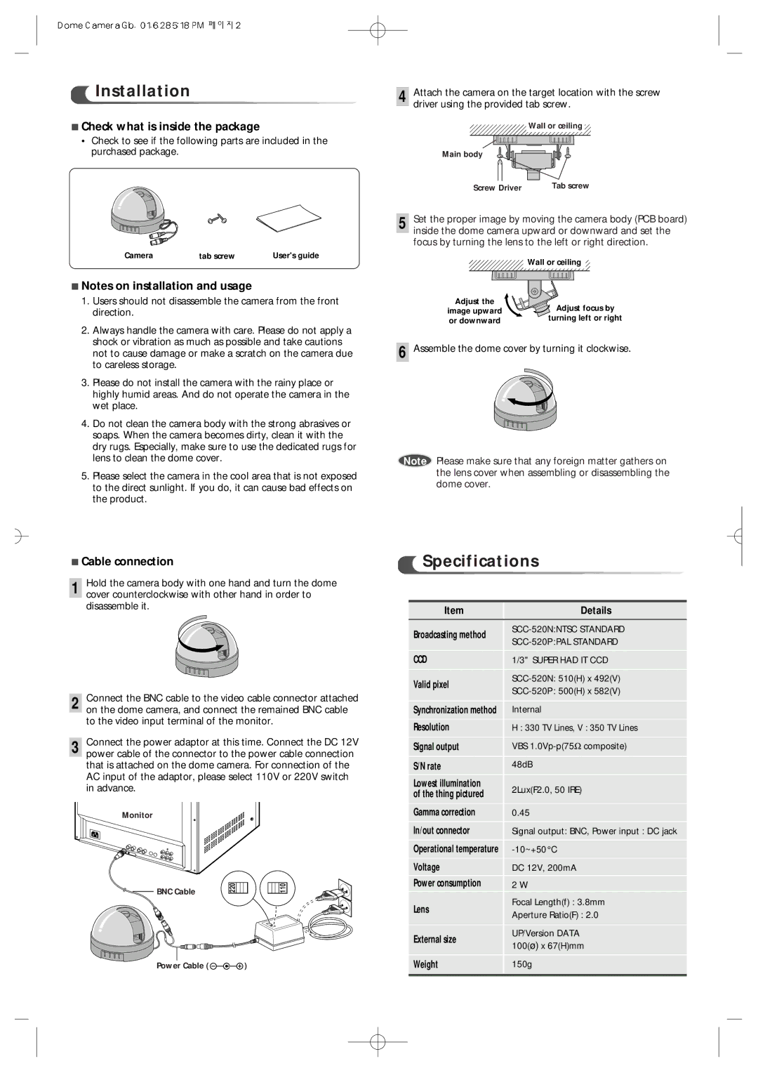 Samsung SCC-520P manual Installation, Specifications, Check what is inside the package, Cable connection 