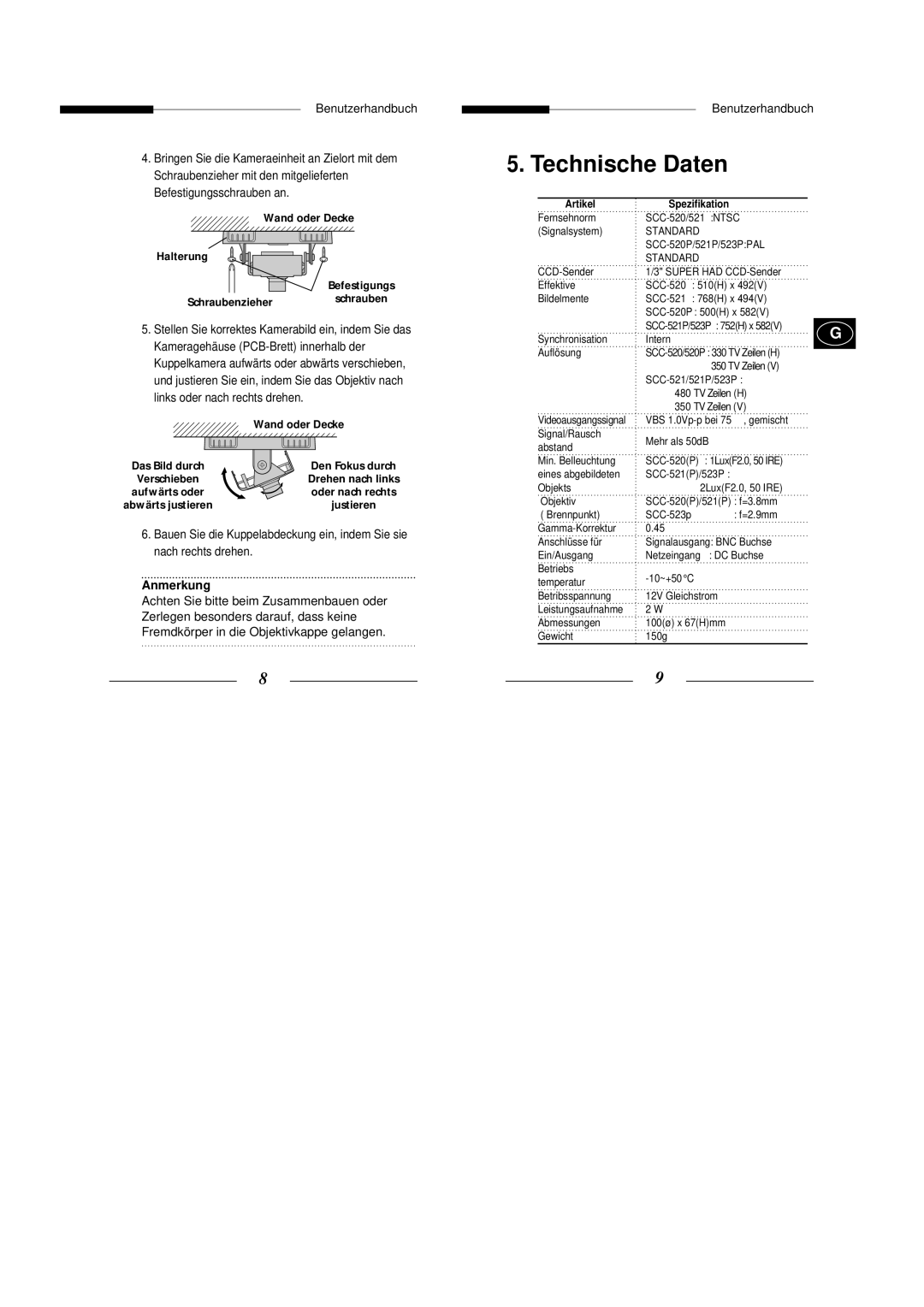 Samsung SCC-521P manual Technische Daten, Anmerkung 