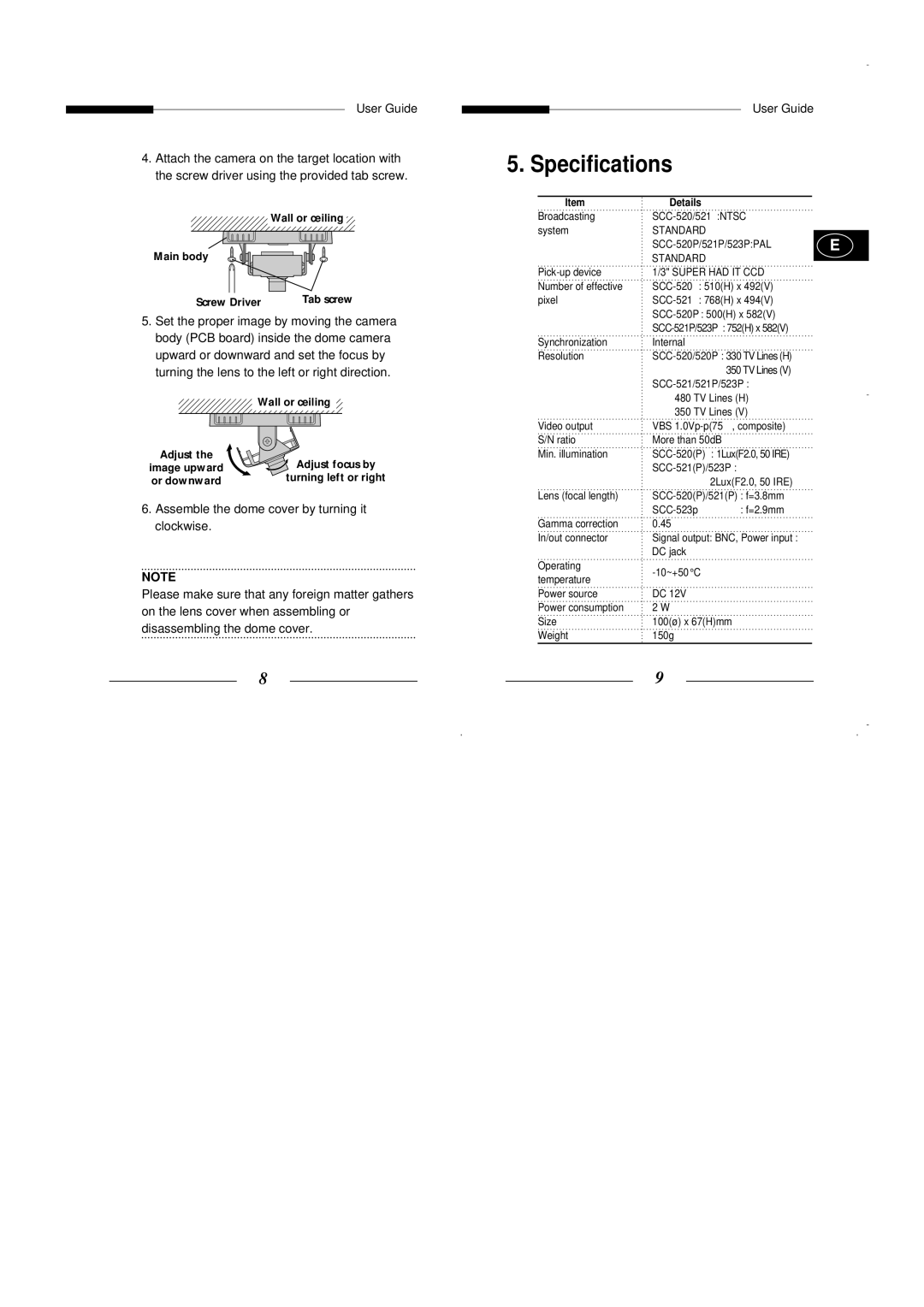 Samsung SCC-521P manual Specifications, Wall or ceiling Main body Screw Driver 