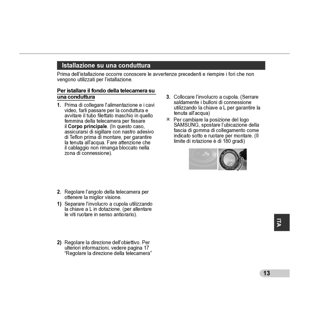 Samsung SCC-5395 manual Istallazione su una conduttura, Per istallare il fondo della telecamera su una conduttura 