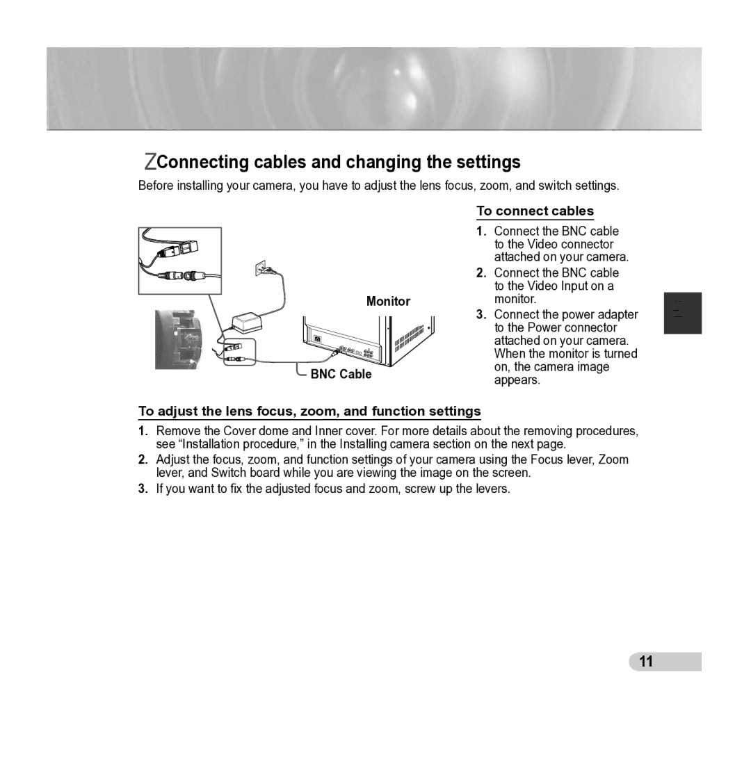 Samsung SCC-5395 manual Connecting cables and changing the settings, To connect cables, Monitor BNC Cable 