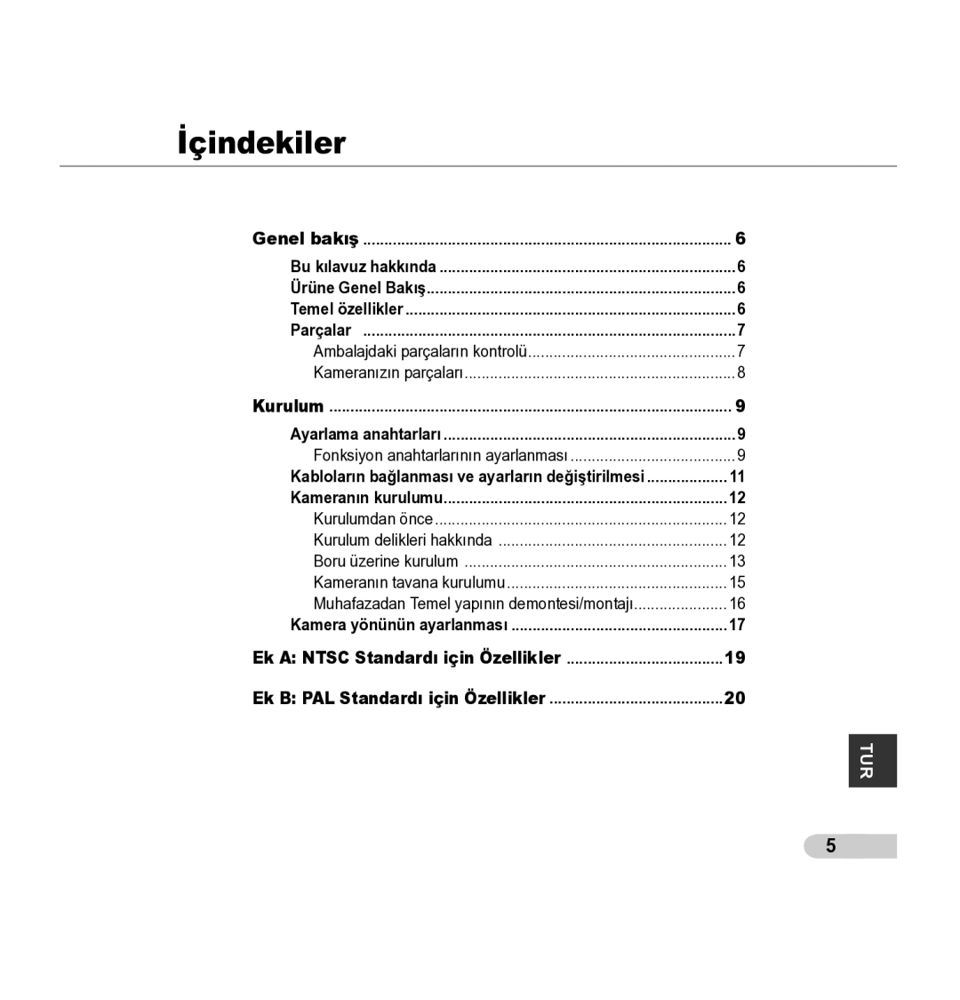 Samsung SCC-5395 manual İçindekiler, Fonksiyon anahtarlarının ayarlanması, Ek a Ntsc Standardı için Özellikler 