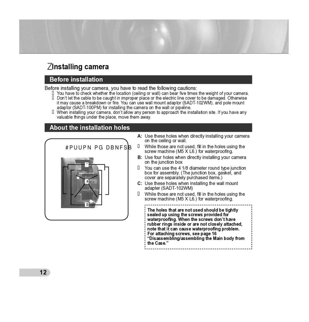 Samsung SCC-5395 manual Installing camera, Before installation, About the installation holes 