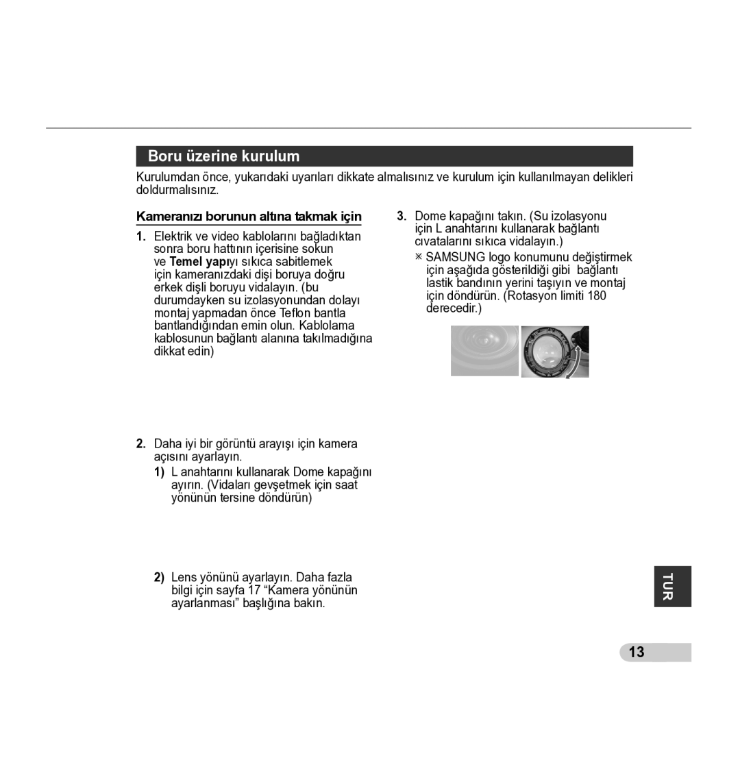 Samsung SCC-5395 manual Boru üzerine kurulum, Kameranızı borunun altına takmak için 