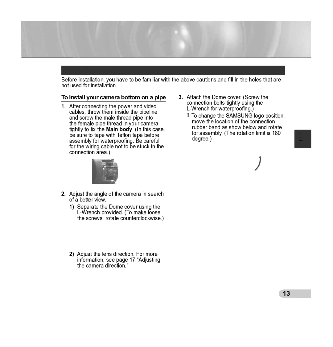 Samsung SCC-5395 manual Installing on a pipe, To install your camera bottom on a pipe 