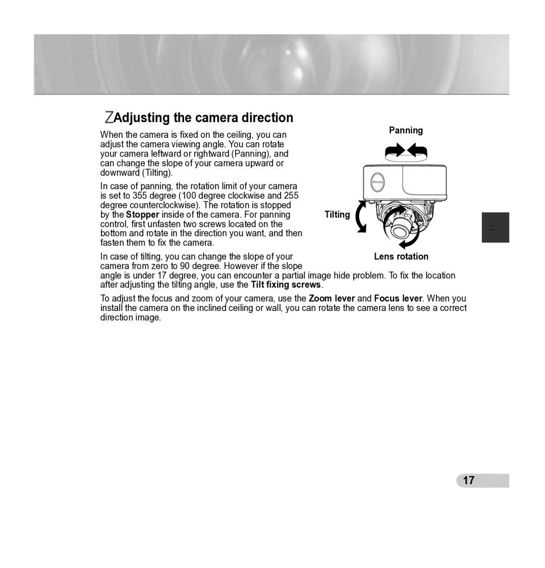 Samsung SCC-5395 manual Adjusting the camera direction 