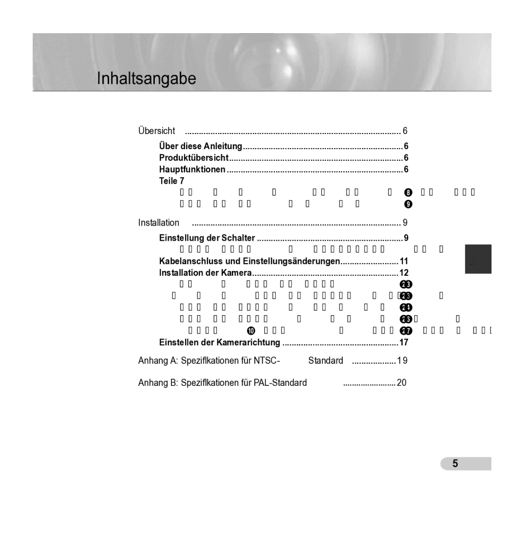 Samsung SCC-5395 manual Inhaltsangabe, Übersicht Über diese Anleitung Produktübersicht, Teile, Installation der Kamera 