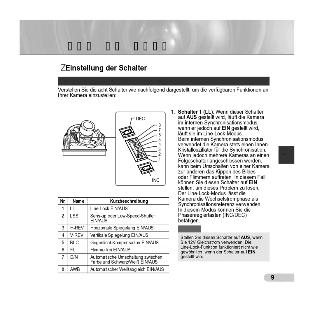 Samsung SCC-5395 manual Einstellung der Schalter, Einstellung der Funktionsschalter, Name Kurzbeschreibung 