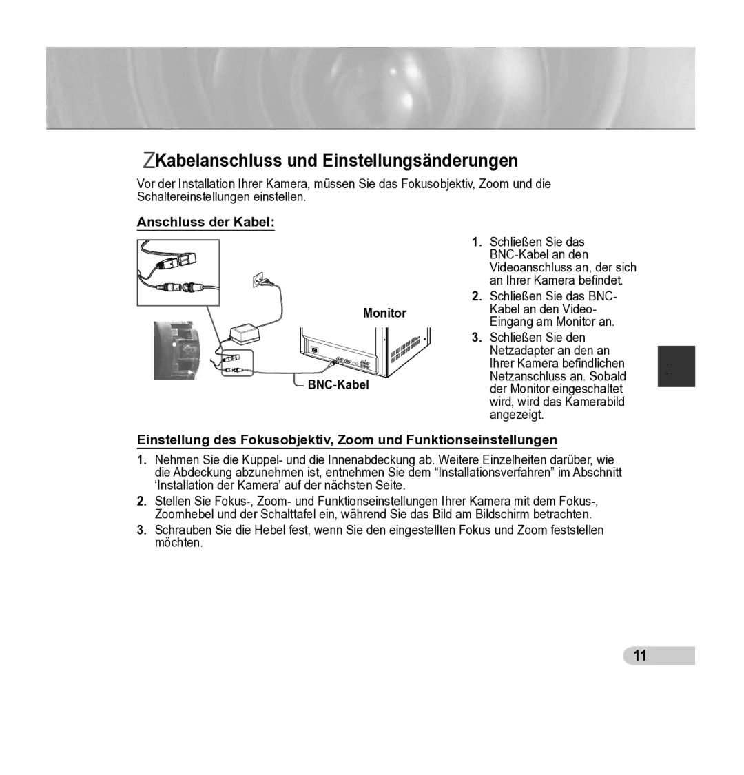 Samsung SCC-5395 manual Kabelanschluss und Einstellungsänderungen, Anschluss der Kabel, Monitor BNC-Kabel 