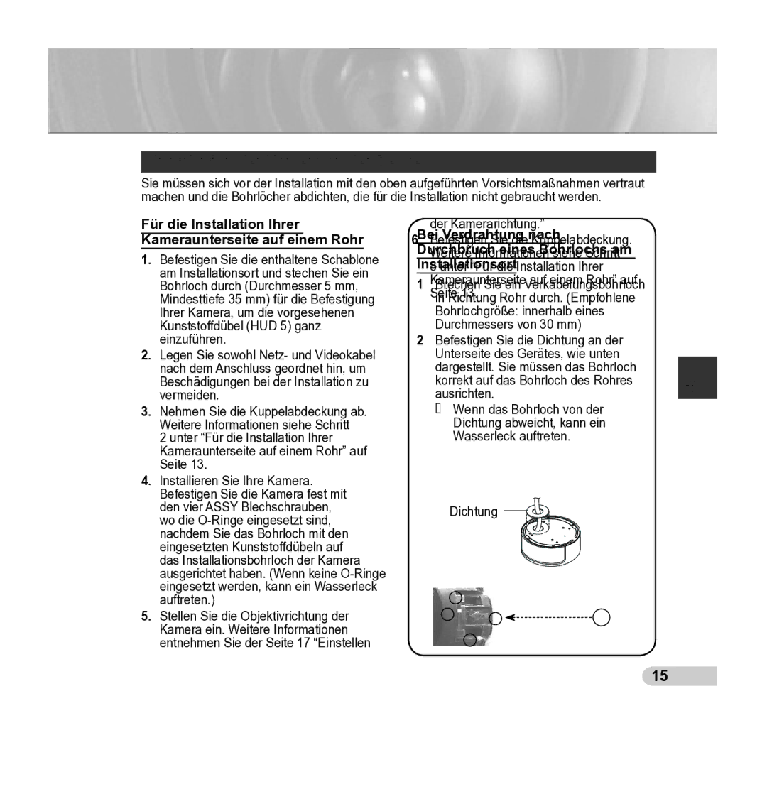 Samsung SCC-5395 manual Installation der Kamera an der Decke, Bei Verdrahtung nach 