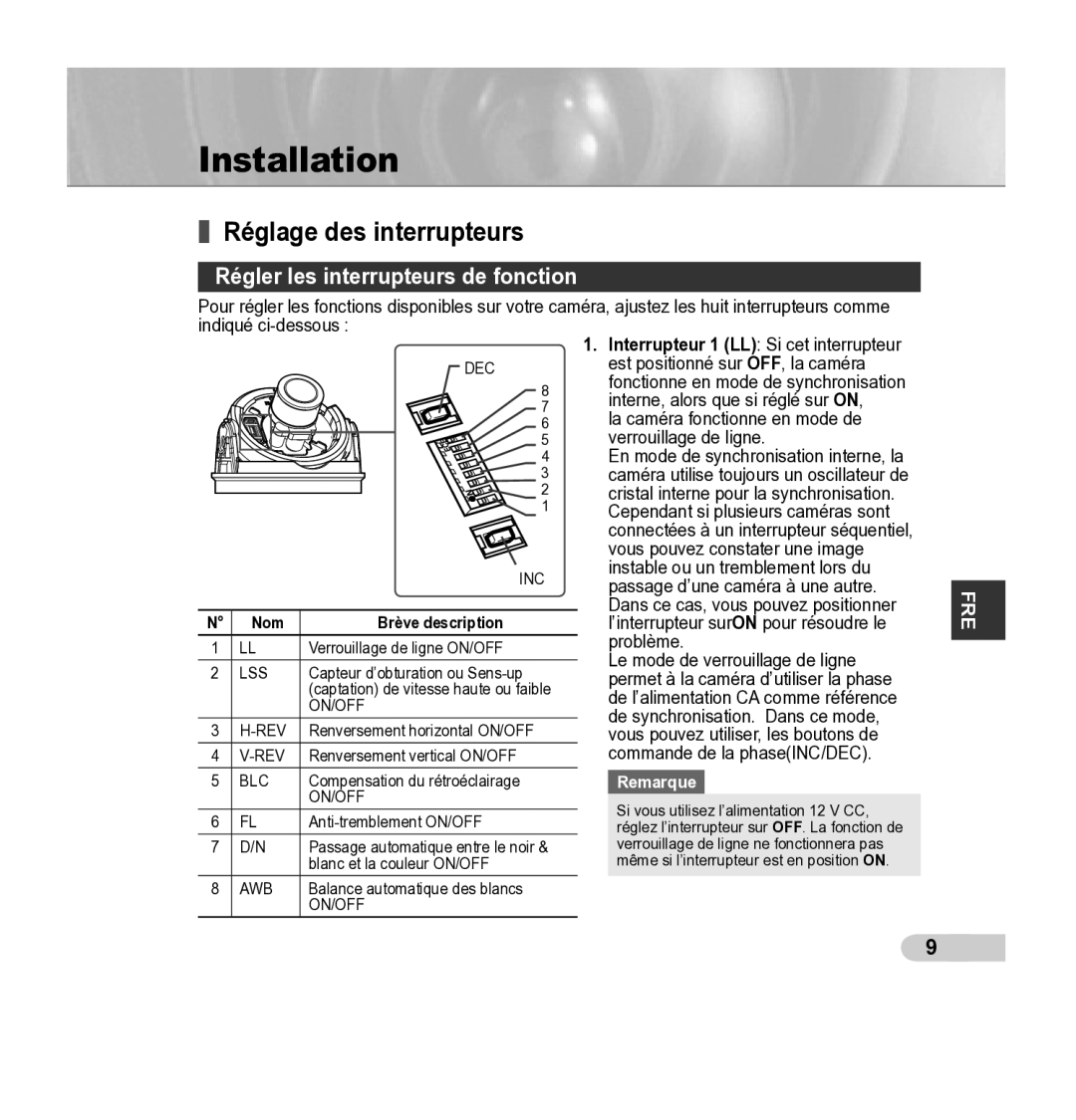 Samsung SCC-5395 manual Réglage des interrupteurs, Régler les interrupteurs de fonction, Nom Brève description 