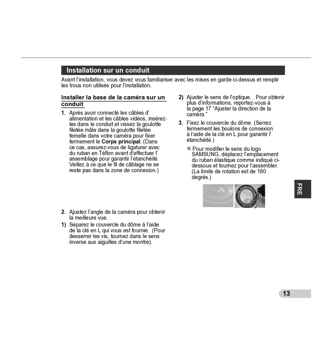 Samsung SCC-5395 manual Installation sur un conduit, Installer la base de la caméra sur un conduit 