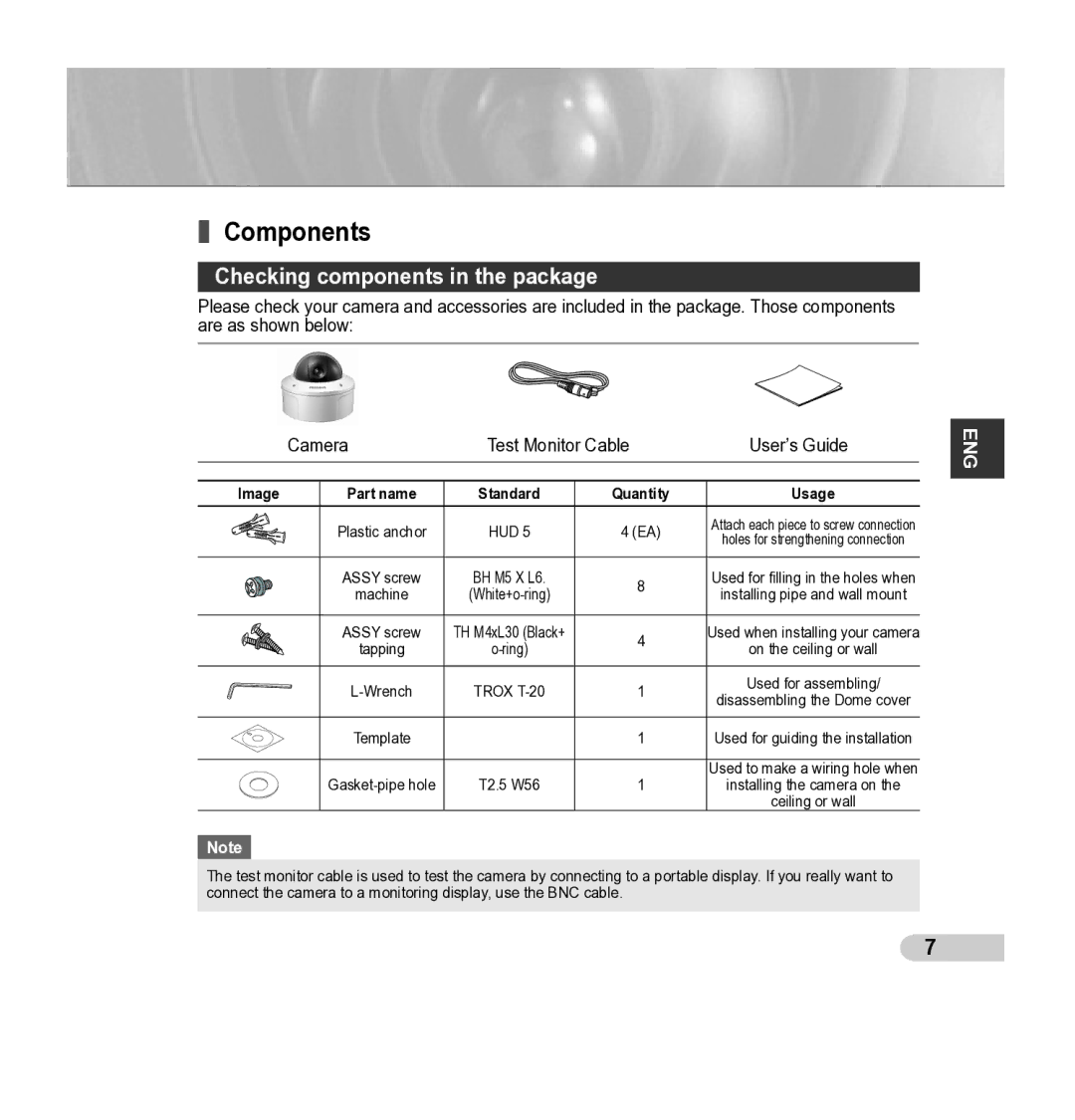 Samsung SCC-5395 manual Components, Checking components in the package, Image 