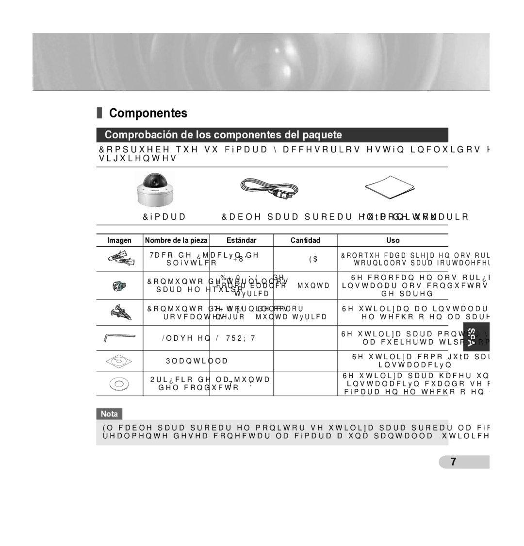 Samsung SCC-5395 manual Componentes, Comprobación de los componentes del paquete, Imagen 