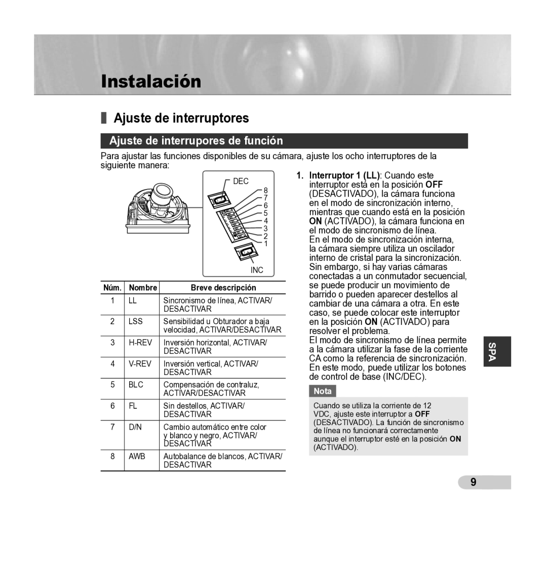 Samsung SCC-5395 Instalación, Ajuste de interruptores, Ajuste de interrupores de función, Núm Nombre Breve descripción 