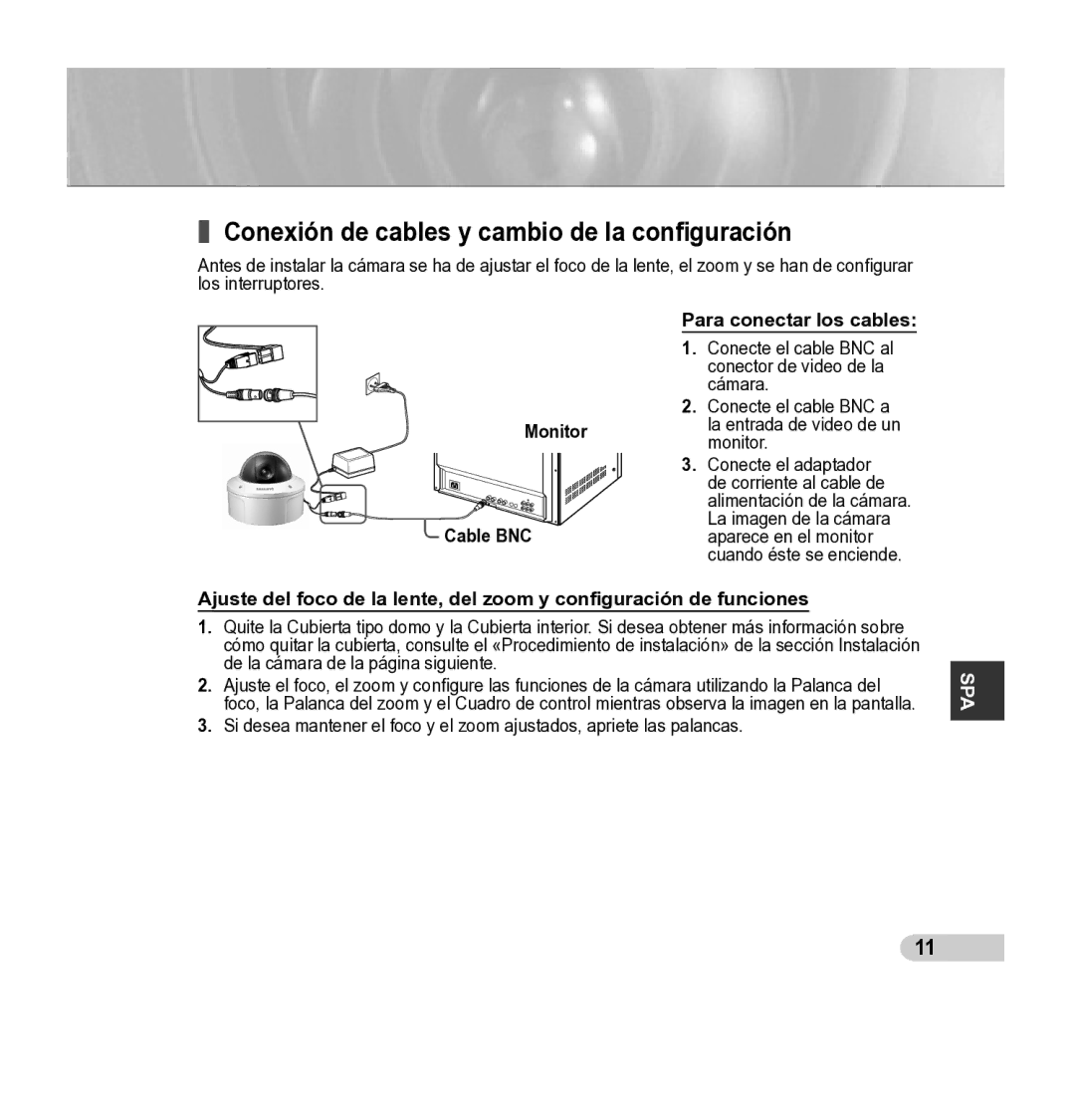 Samsung SCC-5395 manual Conexión de cables y cambio de la conﬁguración, Para conectar los cables, Monitor Cable BNC 