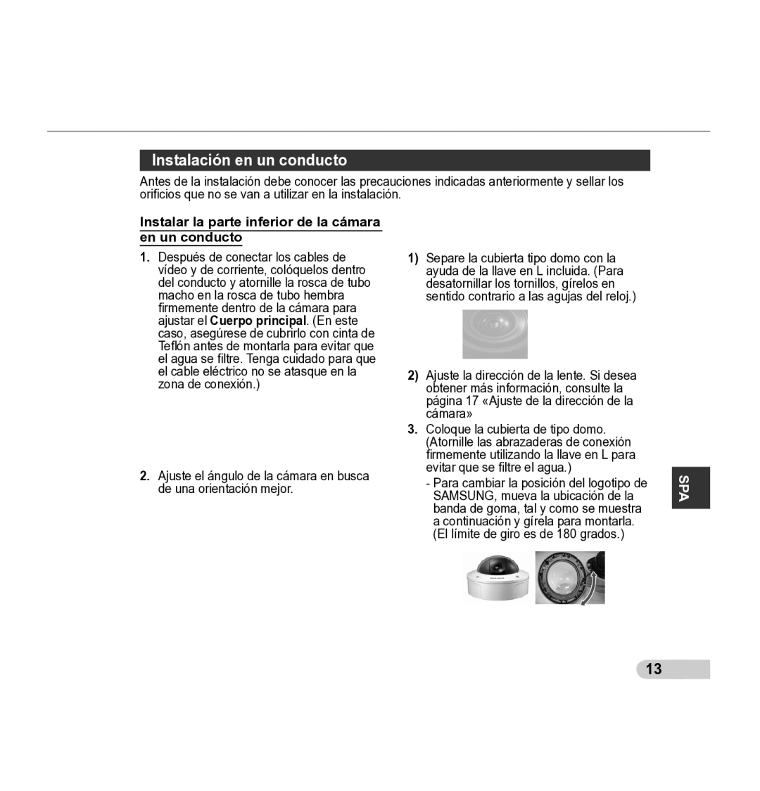 Samsung SCC-5395 manual Instalación en un conducto, Instalar la parte inferior de la cámara en un conducto 