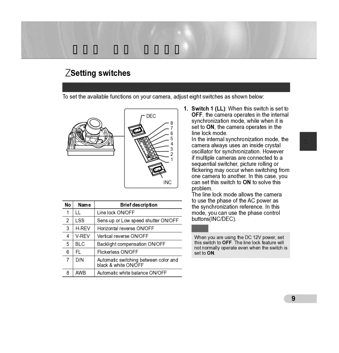 Samsung SCC-5395 manual Installation, Setting switches, Setting function switches, Name Brief description 