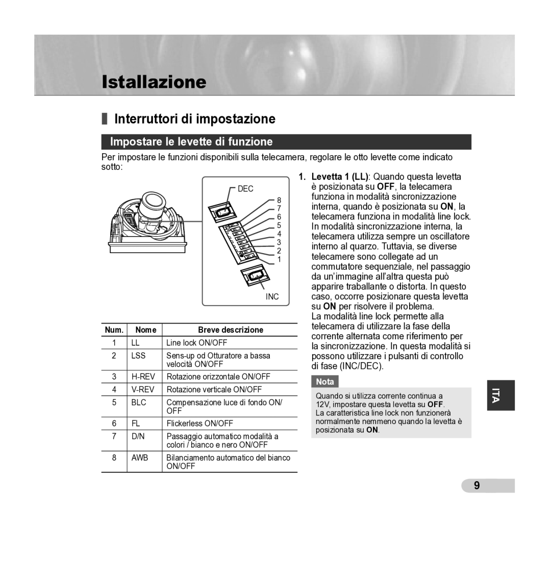 Samsung SCC-5395 Istallazione, Interruttori di impostazione, Impostare le levette di funzione, Nome Breve descrizione 