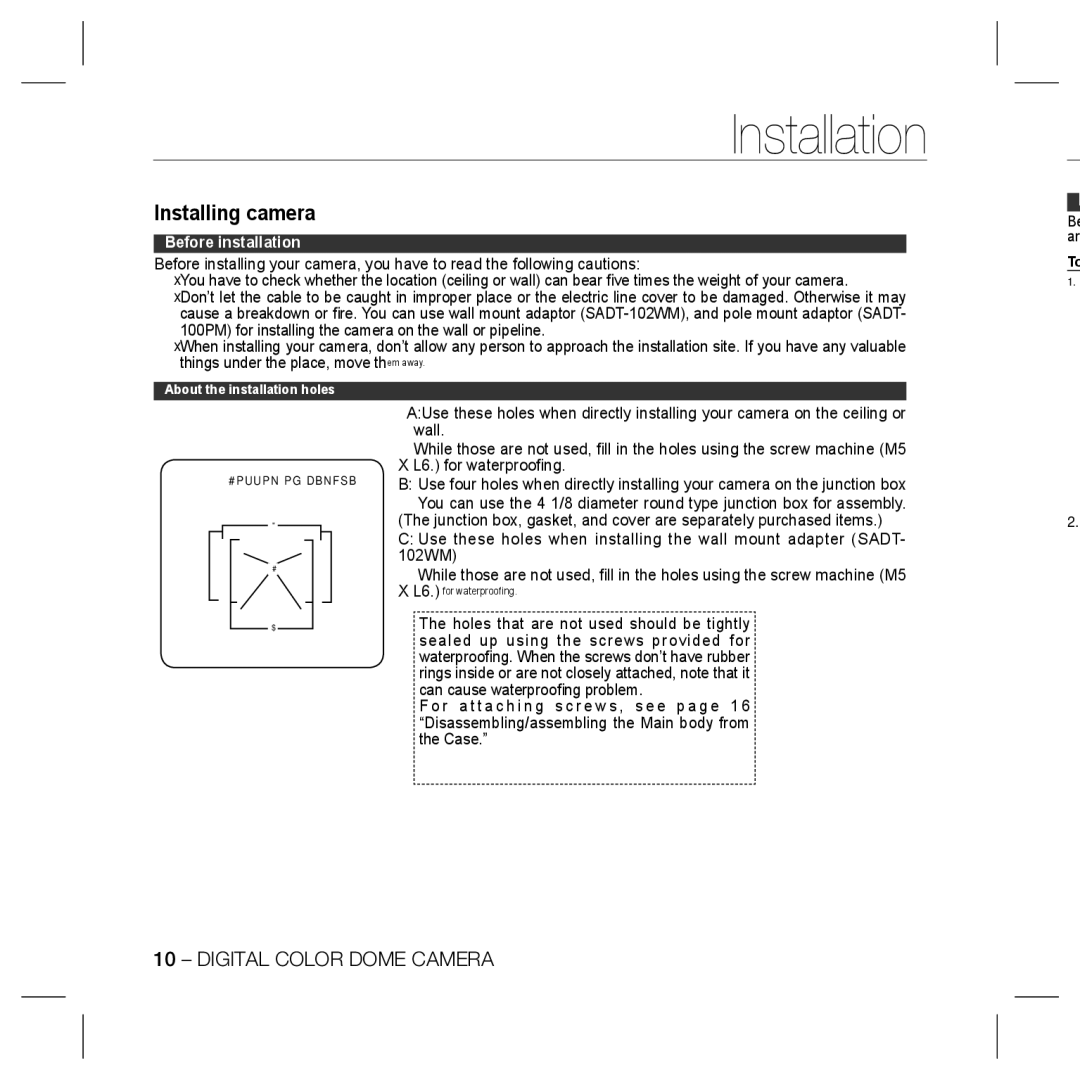 Samsung SCC-5399P, SCC-5399N, SCC-B5331, SCC-B5335, SCC-B5333, SCC-B5397N, SCC-B5399, SCC-B5397P Installation, Installing camera 