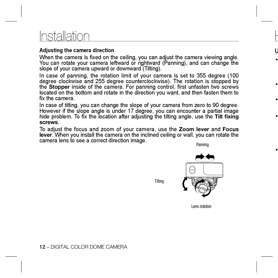 Samsung SCC-B5335, SCC-5399N, SCC-5399P, SCC-B5331, SCC-B5333 Adjusting the camera direction, Panning Tilting Lens rotation 