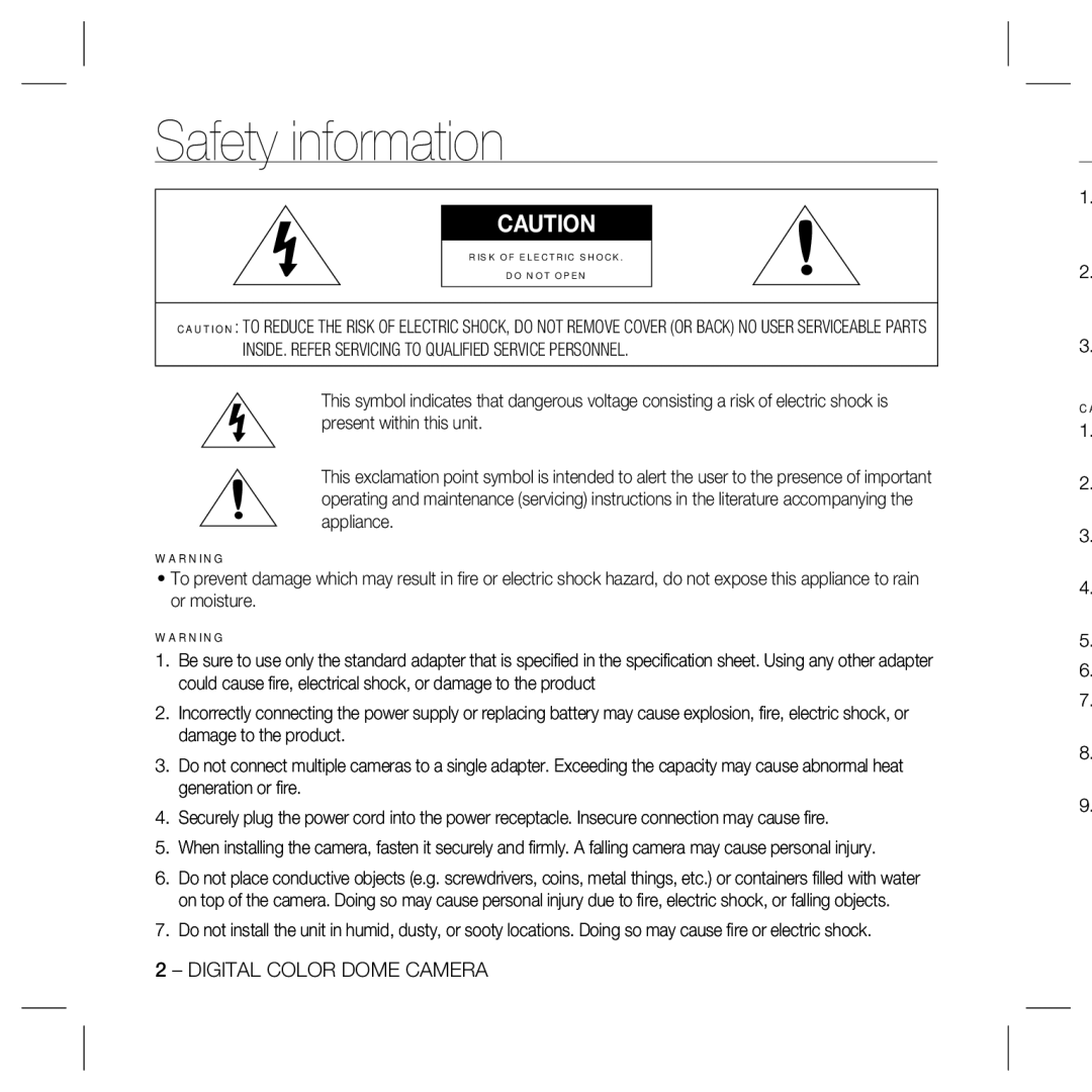 Samsung SCC-B5331, SCC-5399N, SCC-5399P, SCC-B5335, SCC-B5333, SCC-B5397N, SCC-B5399, SCC-B5397P user manual Safety information 