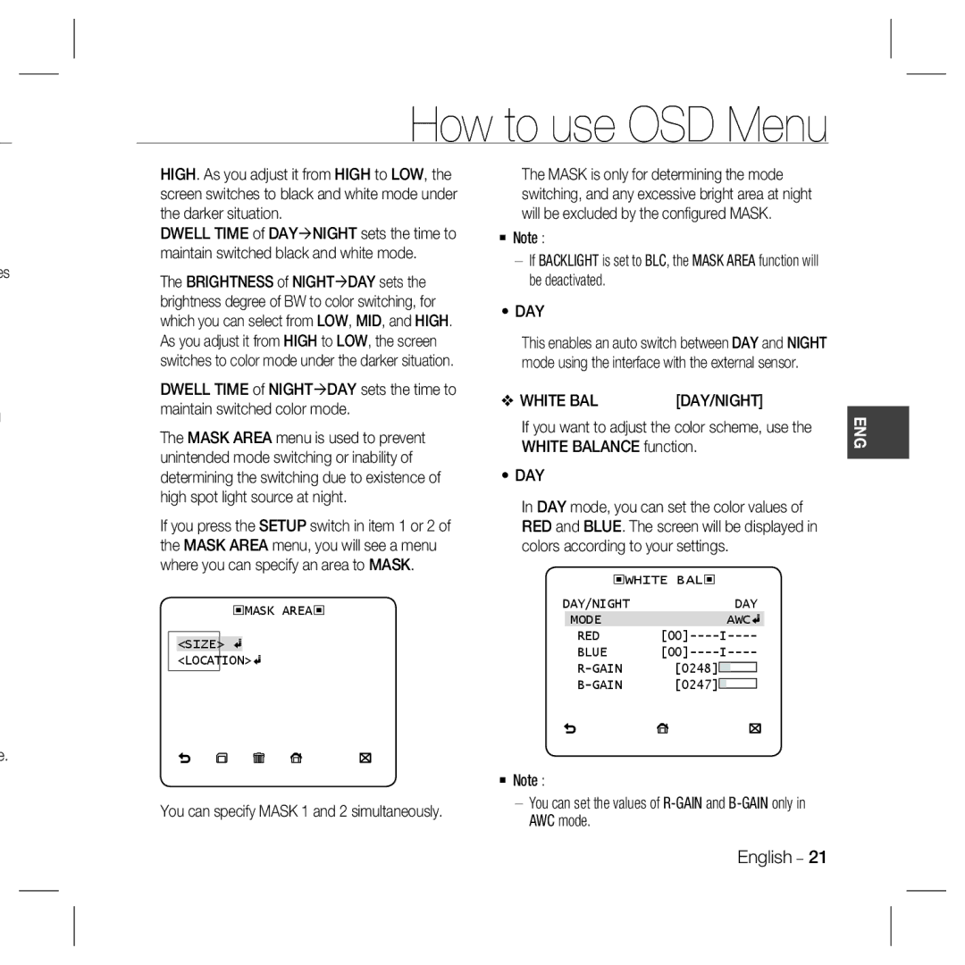 Samsung SCC-B5335, SCC-5399N, SCC-5399P, SCC-B5331 Mask Area Size Location, White BAL DAY/NIGHT Mode AWC RED Blue Gain 