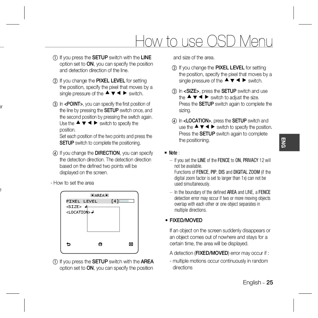 Samsung SCC-B5397P, SCC-5399N, SCC-5399P Size of the area ② If you change the Pixel Level for setting, Fixed/Moved 