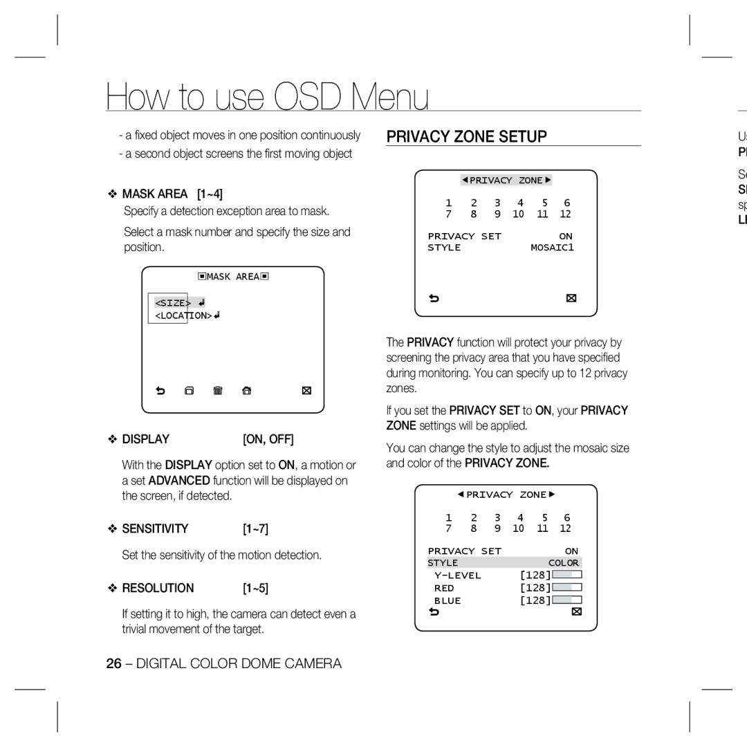 Samsung SCC-B5397 Privacy Zone Setup, Display, Sensitivity, Set the sensitivity of the motion detection, Resolution 