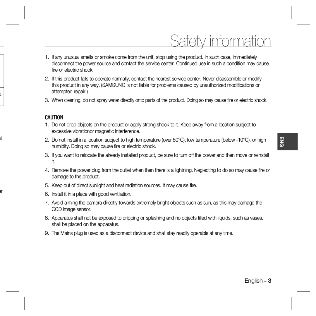 Samsung SCC-B5335, SCC-5399N, SCC-5399P, SCC-B5331, SCC-B5333, SCC-B5397N Humidity. Doing so may cause ﬁre or electric shock 