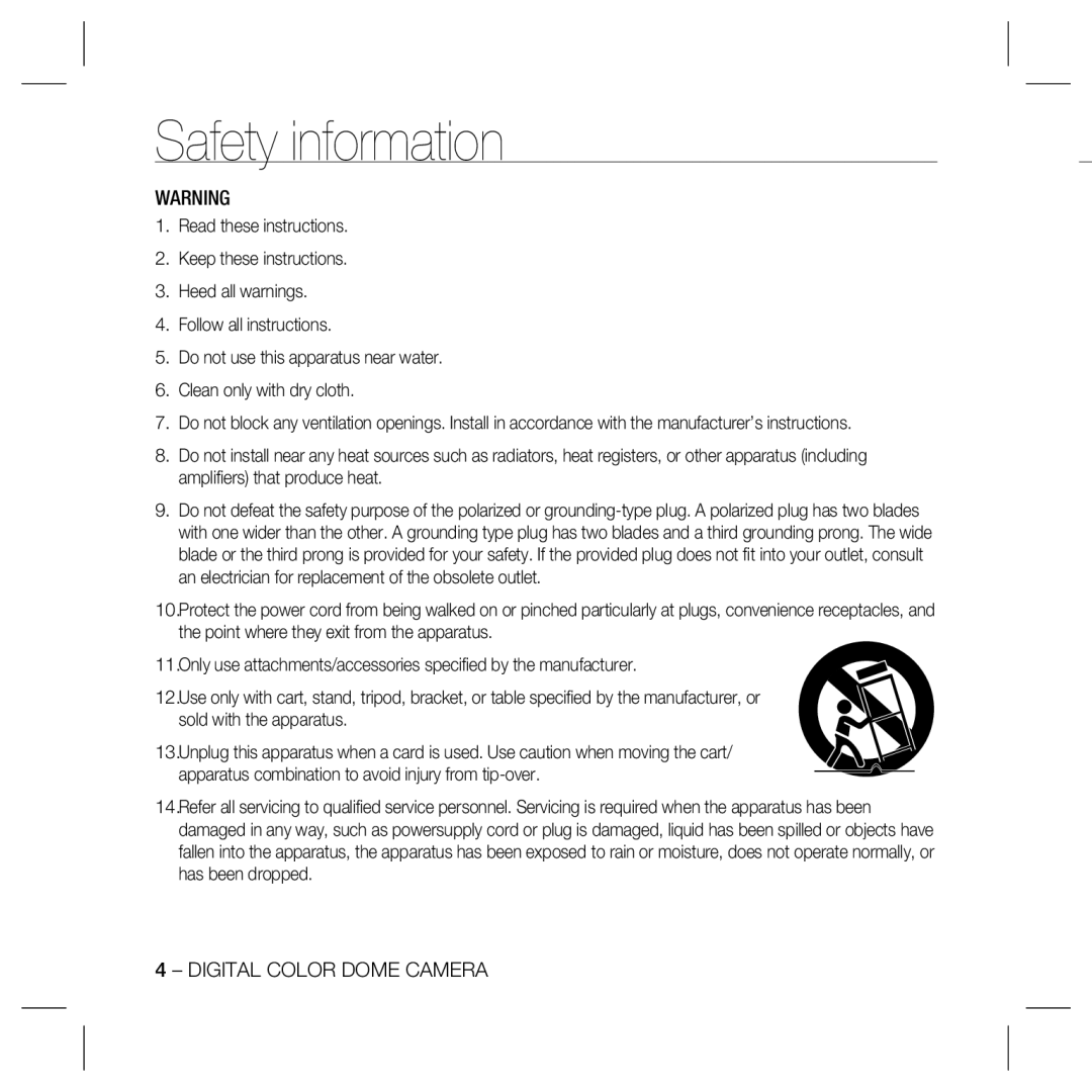 Samsung SCC-B5333, SCC-5399N, SCC-5399P, SCC-B5331, SCC-B5335, SCC-B5397N, SCC-B5399, SCC-B5397P user manual Safety information 