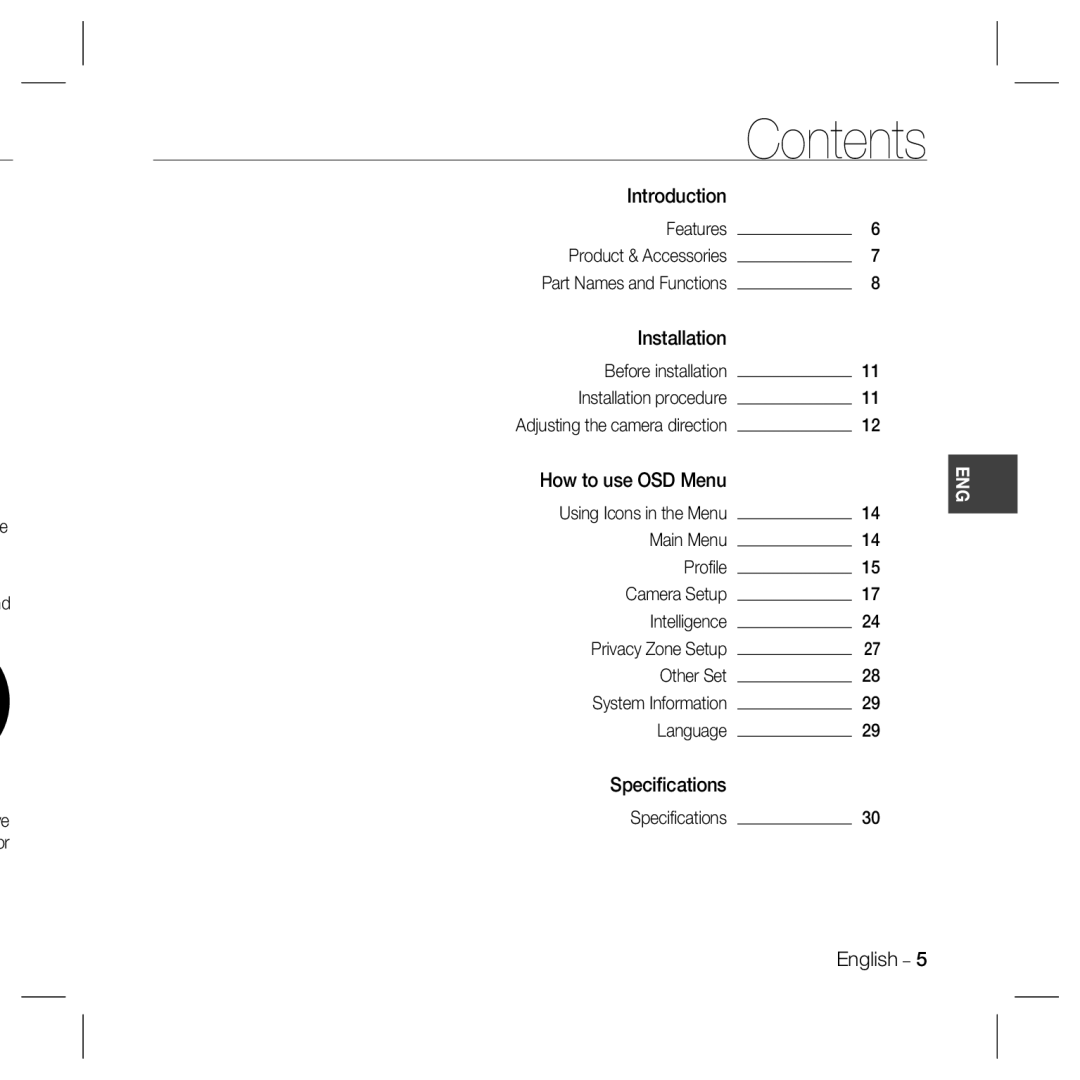 Samsung SCC-B5397N, SCC-5399N, SCC-5399P, SCC-B5331, SCC-B5335, SCC-B5333, SCC-B5399, SCC-B5397P user manual Contents 