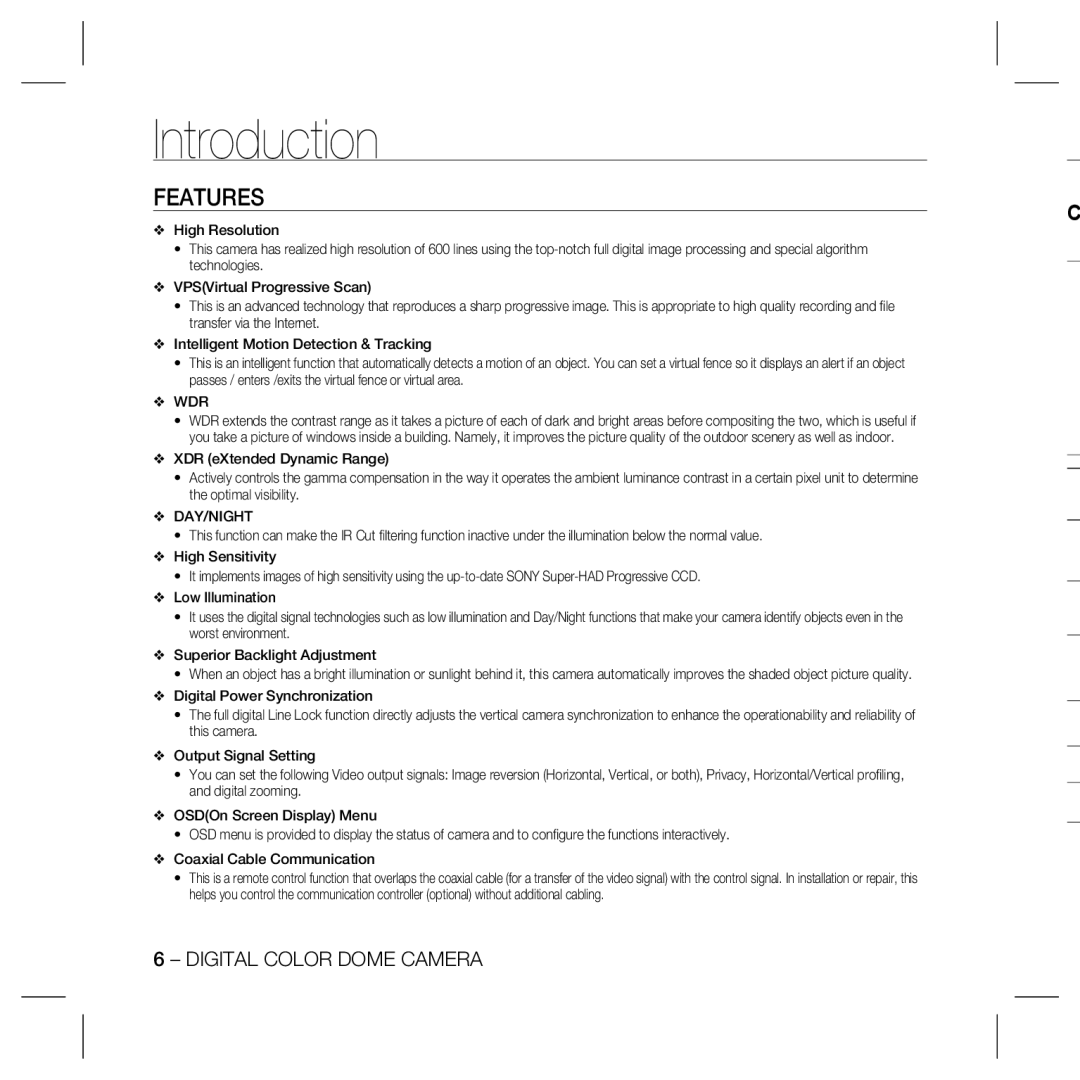 Samsung SCC-B5399, SCC-5399N, SCC-5399P, SCC-B5331, SCC-B5335, SCC-B5333, SCC-B5397N, SCC-B5397P Introduction, Features 