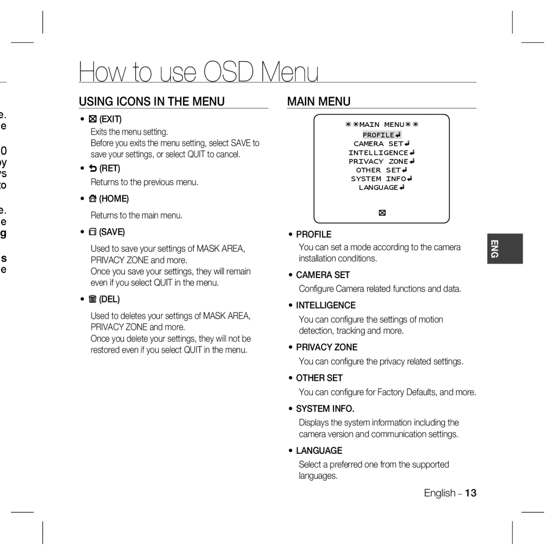 Samsung SCC-B5333, SCC-5399N, SCC-5399P, SCC-B5331, SCC-B5335 How to use OSD Menu, Using Icons In The Menu, Main Menu, g s e 