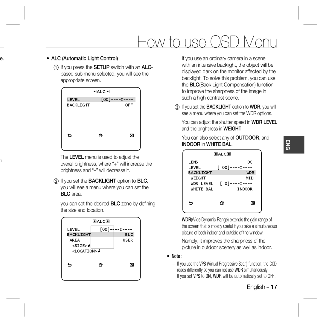 Samsung SCC-B5397, SCC-5399N, SCC-5399P, SCC-B5331, SCC-B5335, SCC-B5333 How to use OSD Menu, e. ALC Automatic Light Control 