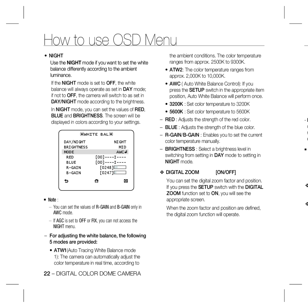 Samsung SCC-B5333, SCC-5399N, SCC-5399P, SCC-B5331, SCC-B5335, SCC-B5397N How to use OSD Menu, Digital Color Dome Camera 