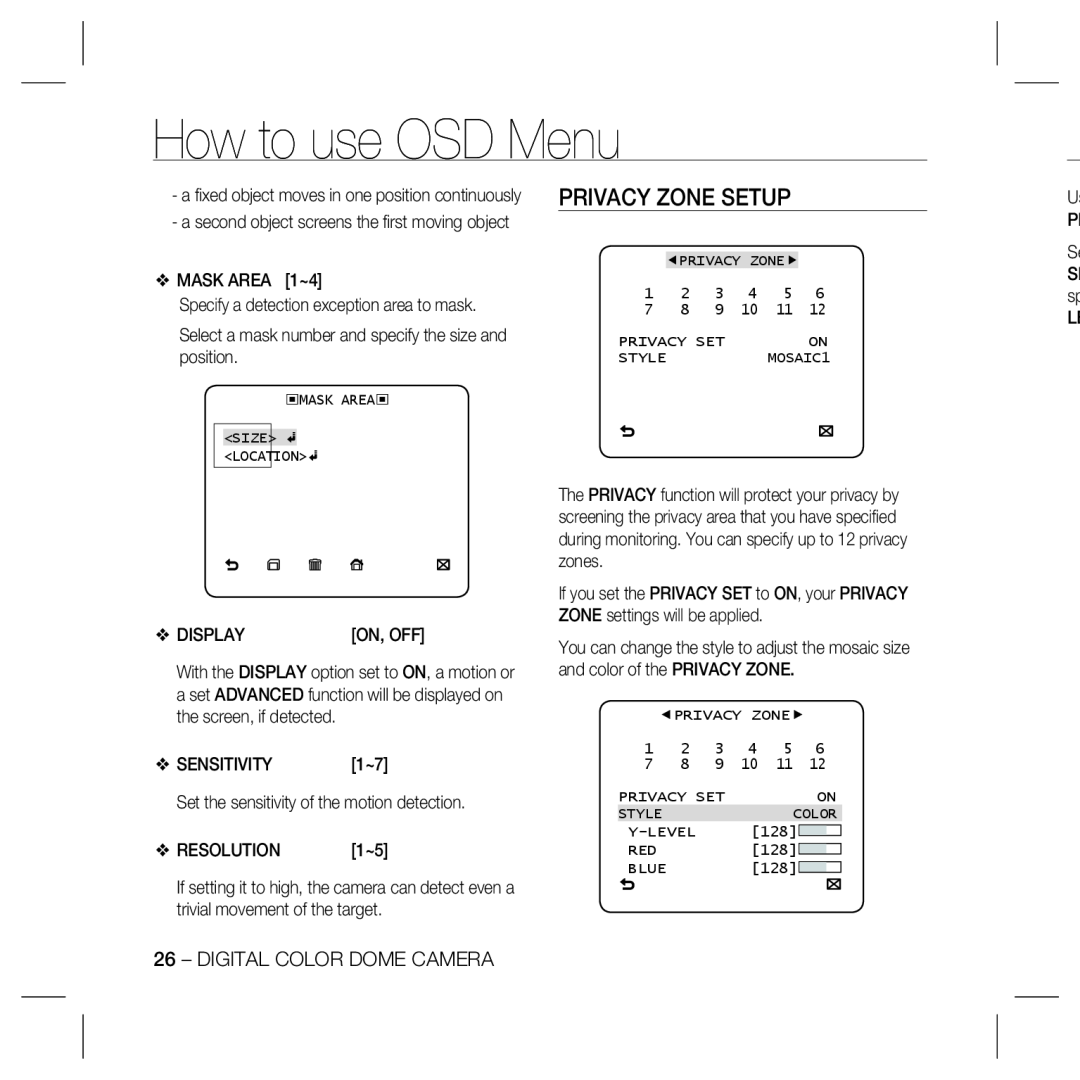 Samsung SCC-B5397, SCC-5399N, SCC-5399P, SCC-B5331 Privacy Zone Setup, How to use OSD Menu, Digital Color Dome Camera 