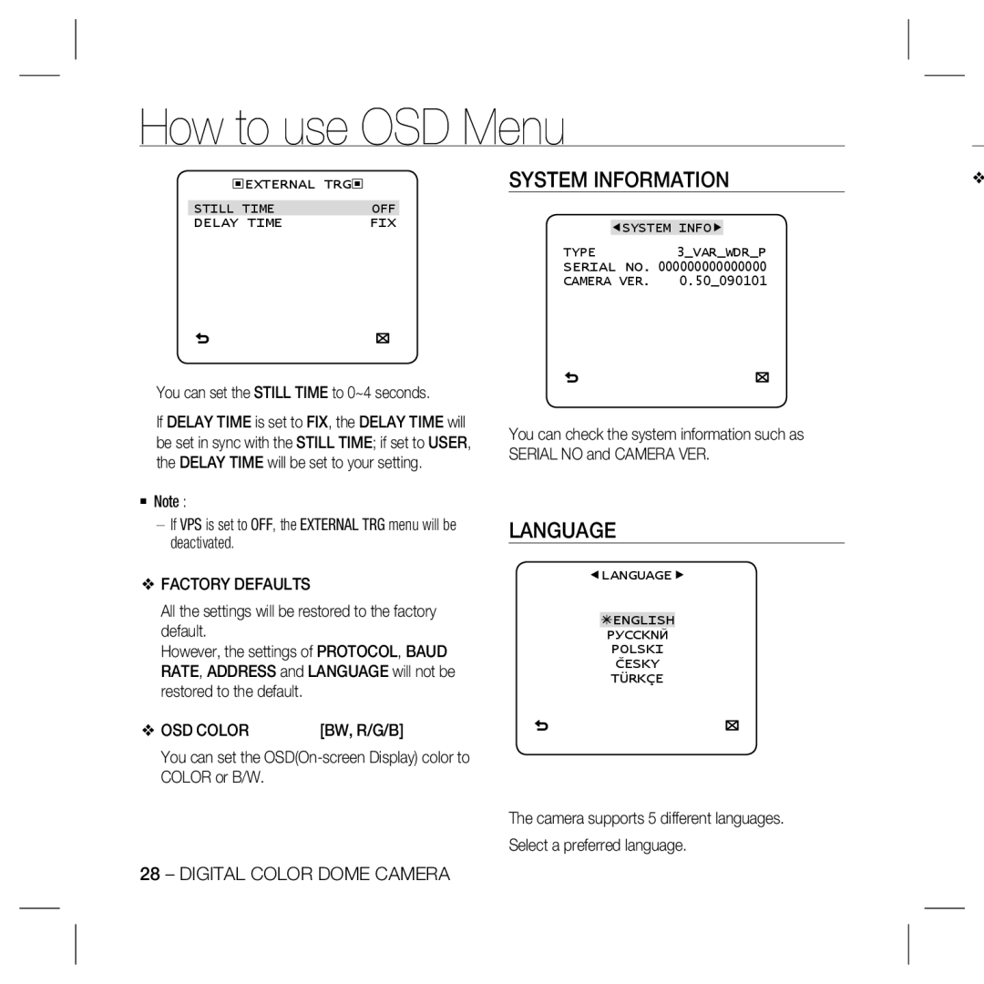 Samsung SCC-5399P, SCC-5399N, SCC-B5331 System Information, Language, How to use OSD Menu, Digital Color Dome Camera 
