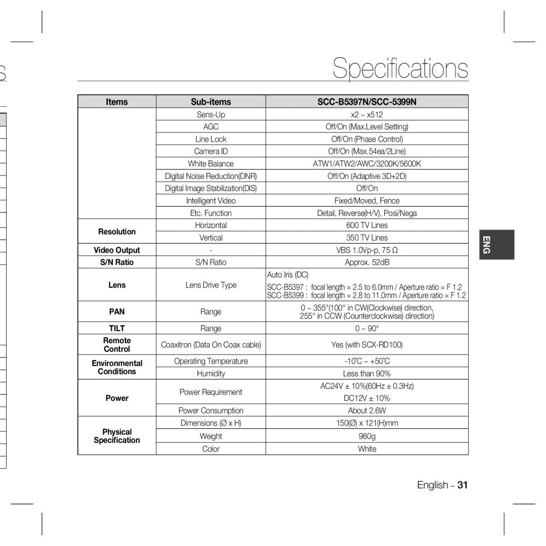 Samsung SCC-B5333 Speciﬁcations, Items, Sub-items, SCC-B5397N/SCC-5399N, Conditions, Tilt, Remote, Control, Resolution 