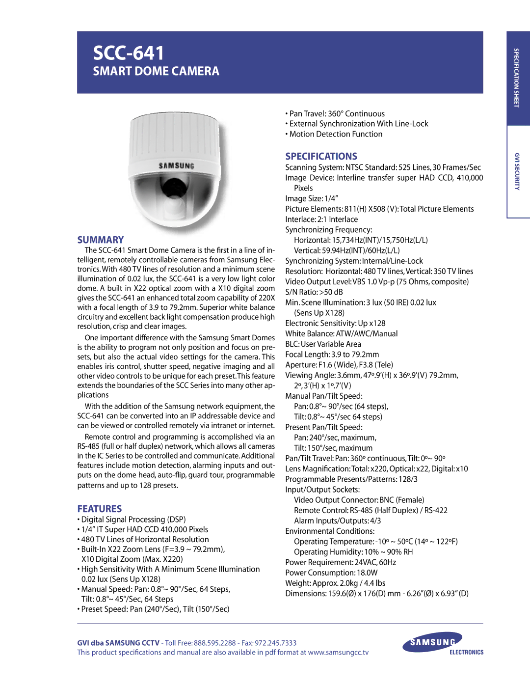 Samsung SCC-641 specifications Smart Dome Camera, Summary, Features, Specifications 