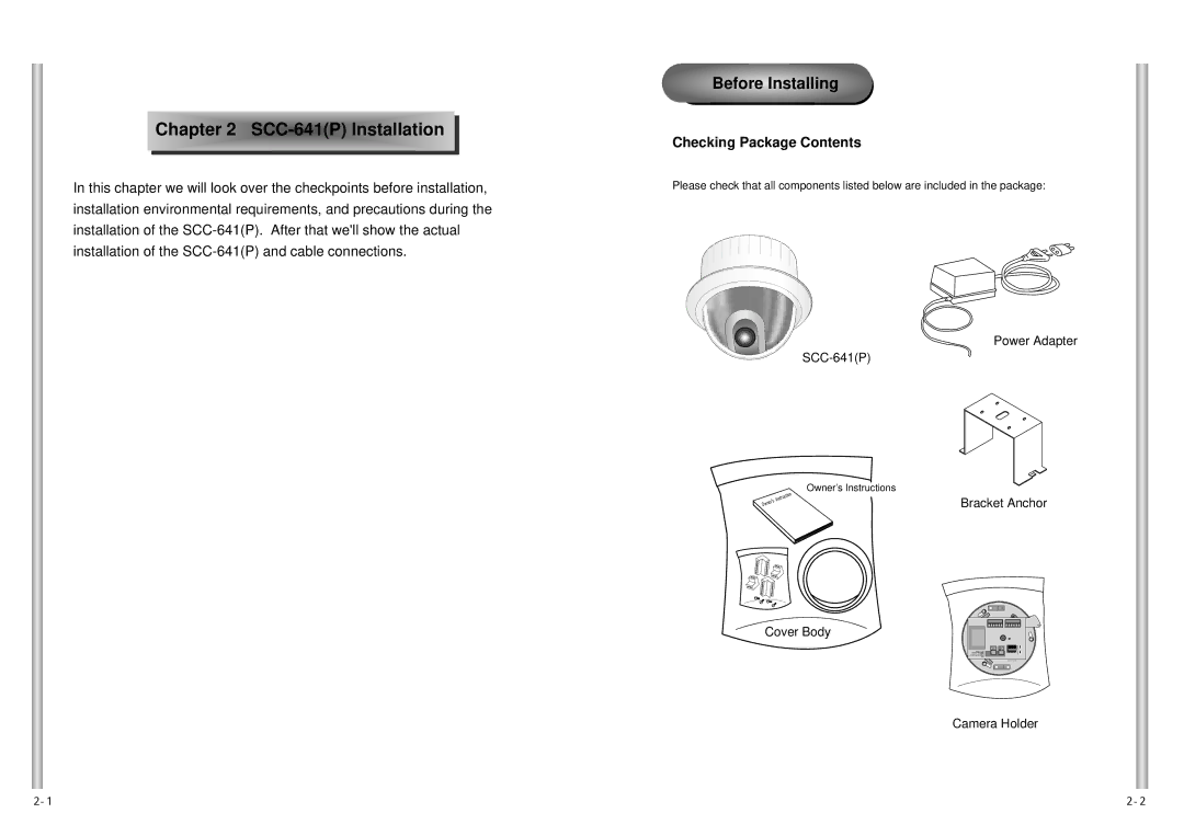 Samsung SCC-641N, SCC-641P manual CC-641P Install ation, Checking Package Contents 