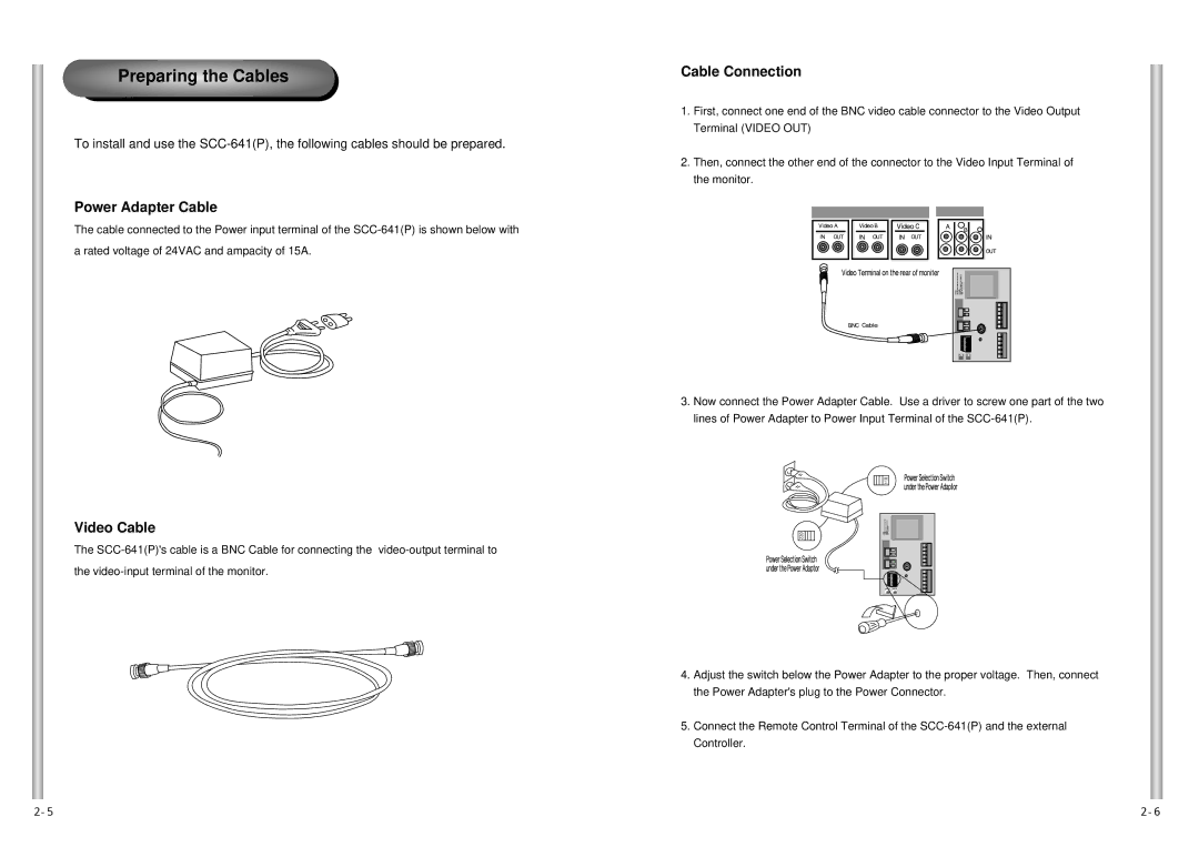 Samsung SCC-641N, SCC-641P manual Power Adapter Cable, Video Cable, Cable Connection 