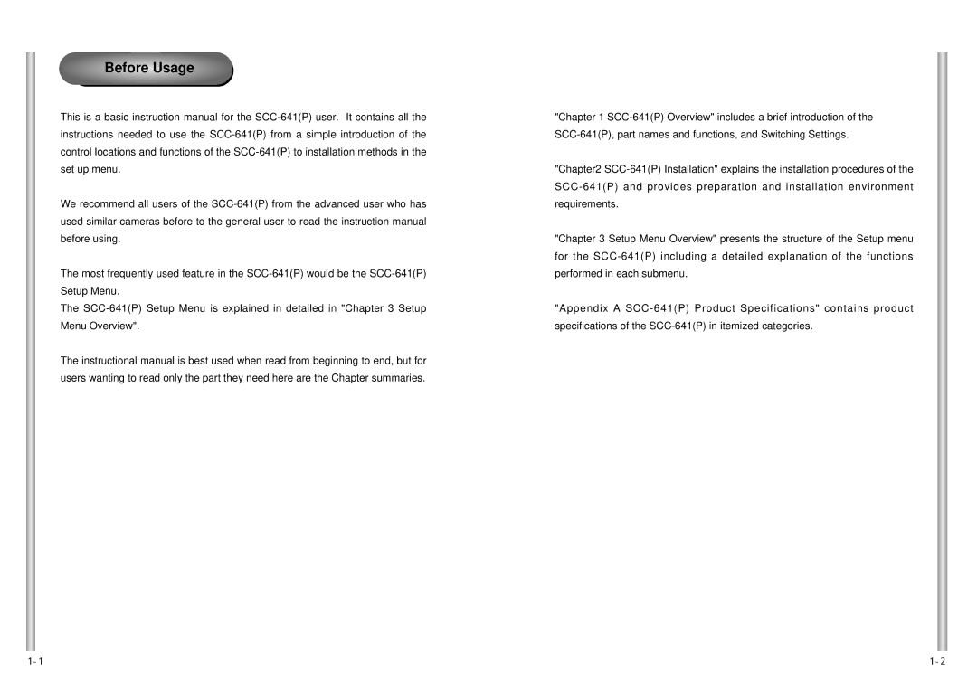 Samsung SCC-641P, SCC-641N manual Before Usage 