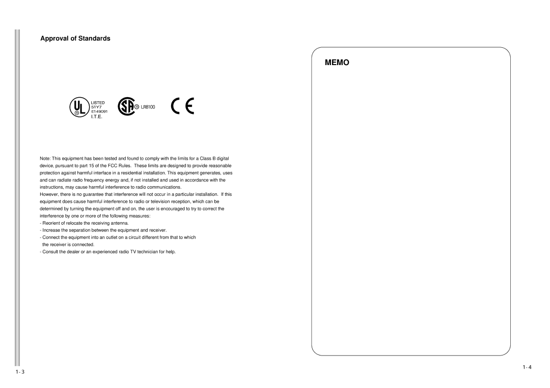 Samsung SCC-641N, SCC-641P manual Memo, Approval of Standards 