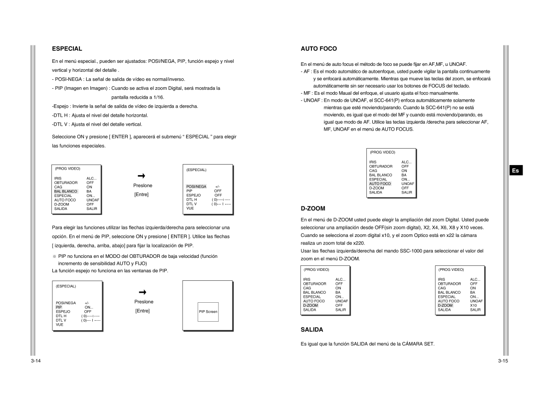 Samsung SCC-641P manual Especial, Auto Foco, Es igual que la función Salida del menú de la Cámara SET 